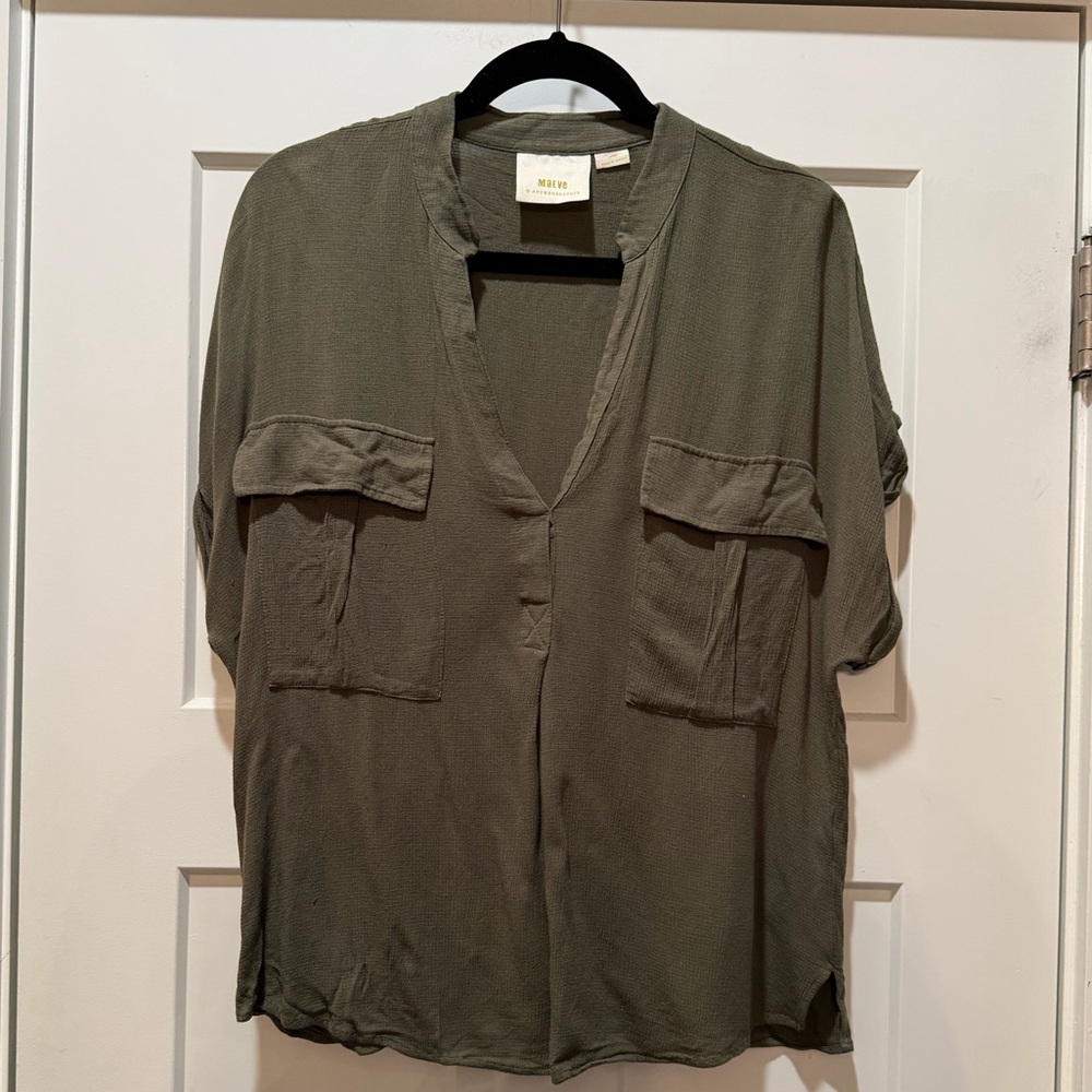 Anthropologie Maeve Army Green Blouse V Neck Utility Pocket Top Size Large